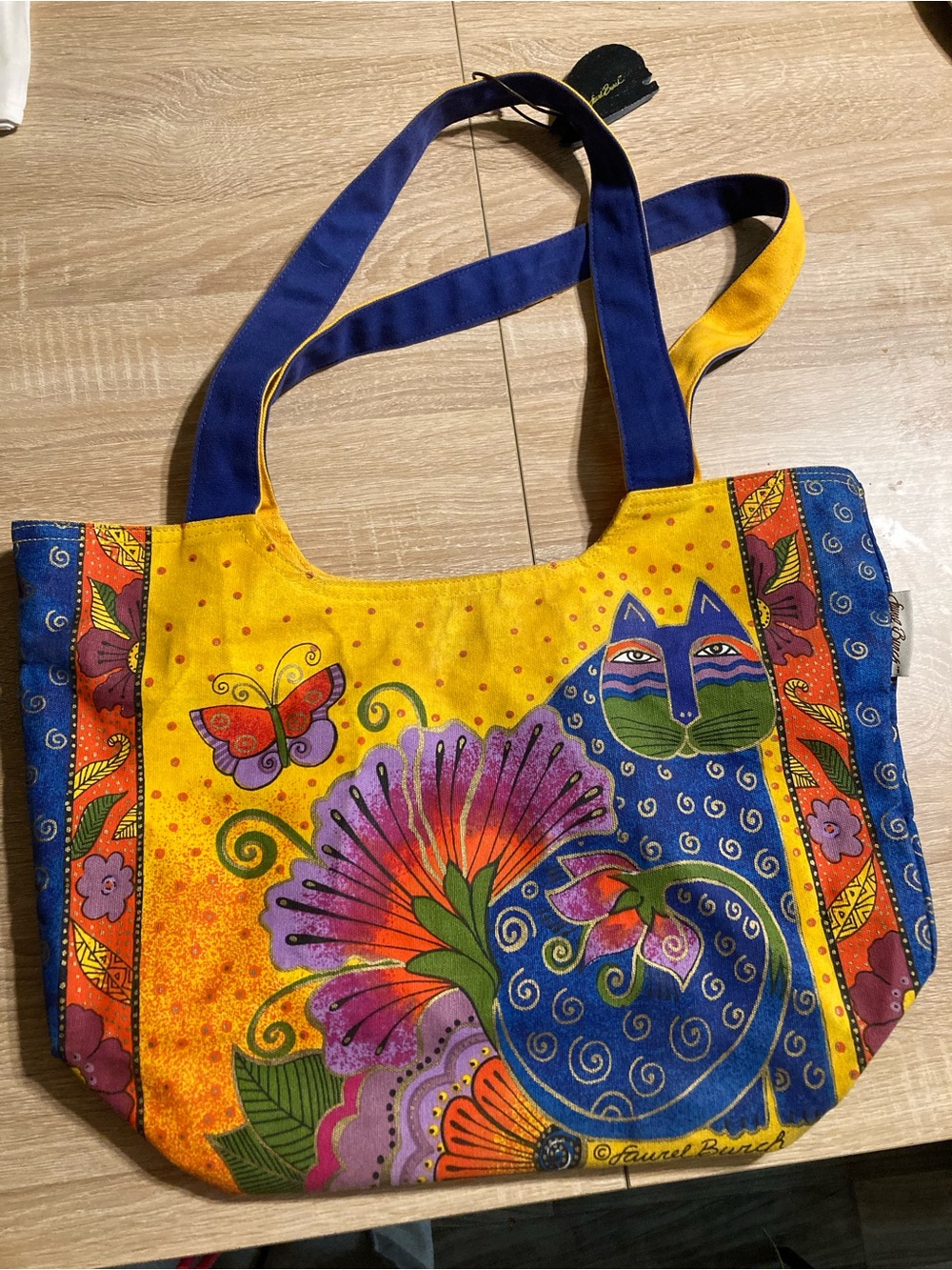 Laurel Burch Yellow & Blue Cat and Floral Tote